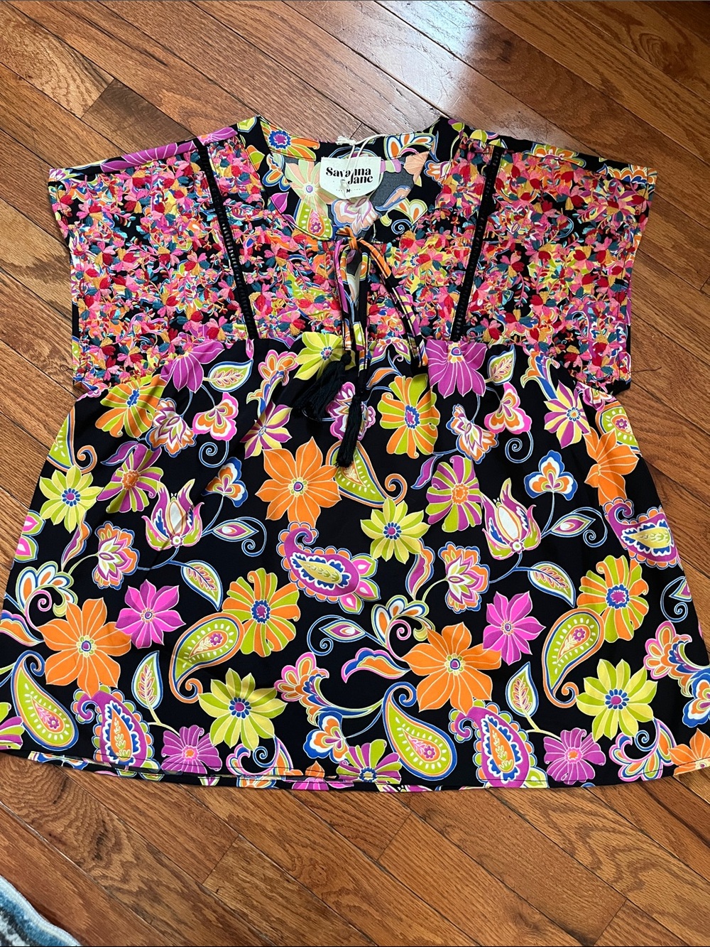 Savanna Jane Black Floral Paisley Tie-Front Tunic with Bright Multicolor Print